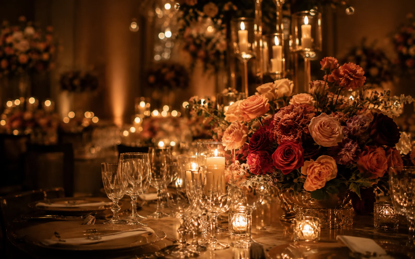 Decoração de evento com flores, velas e iluminação acolhedora