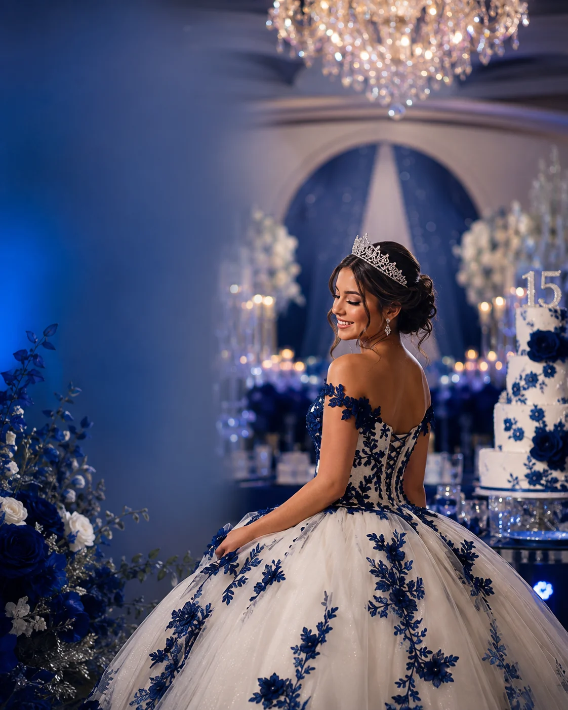 Festa de 15 anos com decoração azul royal, marinho e branco