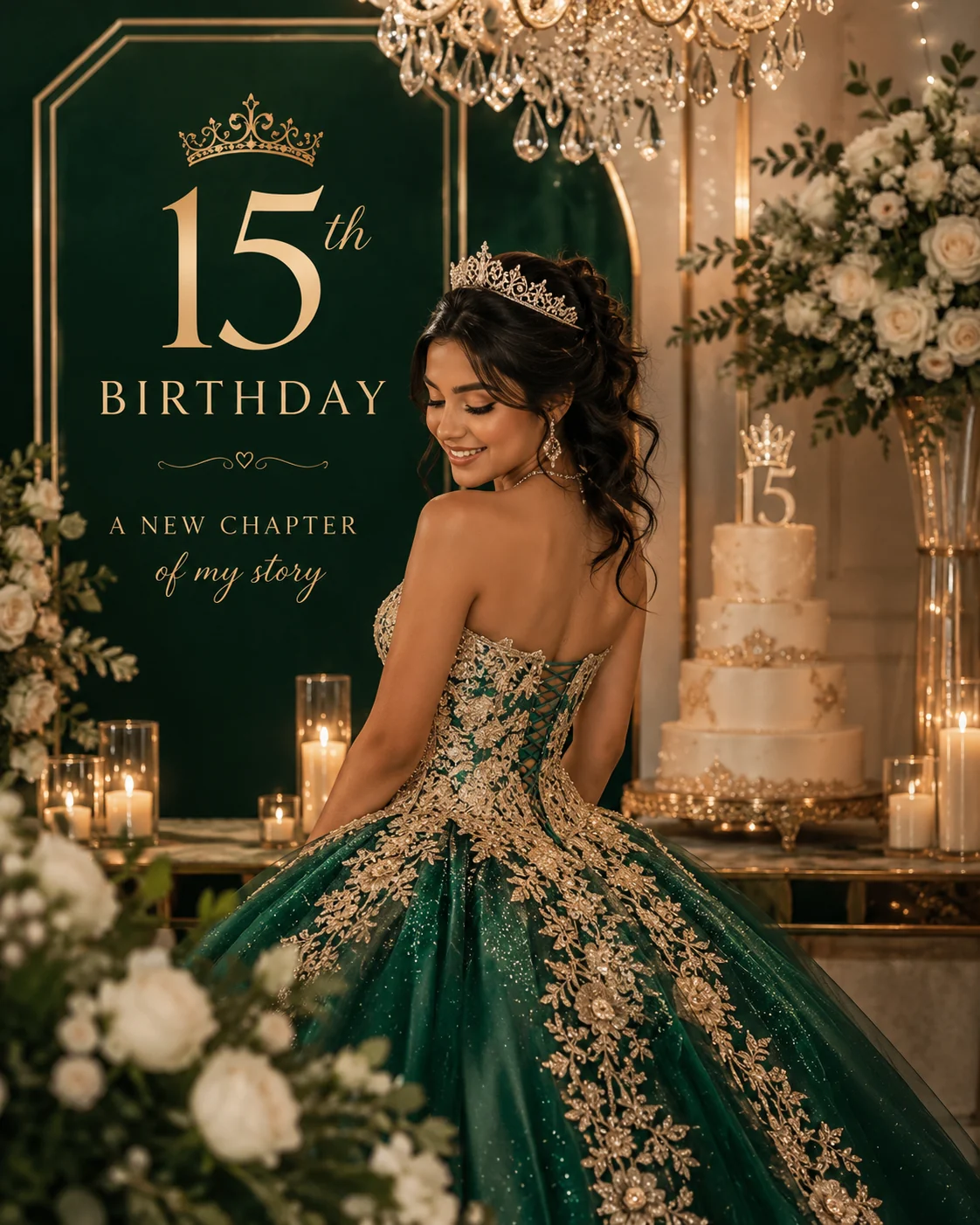 Festa de 15 anos com decoração verde esmeralda, marfim e dourado
