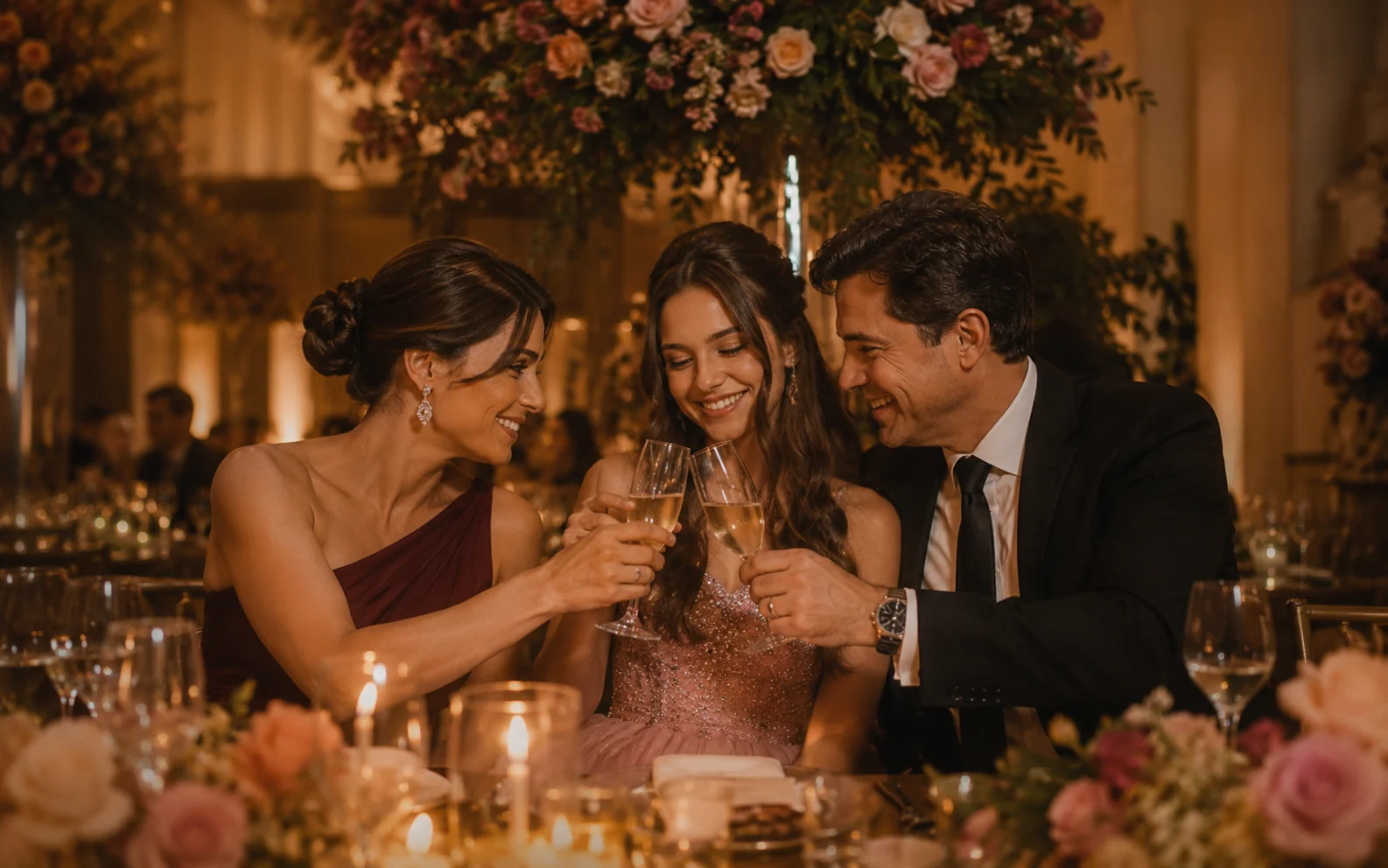 Família brindando durante uma festa de 15 anos